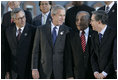 President George W. Bush is joined by leaders of the Americas Friday, Nov. 4, 2005, during the 2005 Summit of the Americas class photo in Mar del Plata, Argentina. Joining him in the front row are, from left: President Eduardo Rodriguez of Bolivia; Prime Minister Owen Arthur of Barbados; and Colombia President Alvaro Uribe.