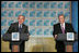 President George W. Bush and Argentina's President Nestor Carlos Kirchner smile as they hold a joint press availability Friday, Nov. 4, 2005, after meeting privately at the Hermitage Hotel in Mar del Plata, Argentina.