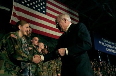 Vice President Cheney greets troops at Yongsan Army Garrison in Seoul, South Korea, April 16, 2004. 