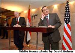 Egyptian President Hosni Mubarak listens to a question from the media during a joint press conference with Vice President Dick Cheney in Sharm El-Sheikh, Egypt, March 13. White House photo by David Bohrer