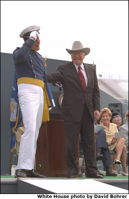 Donning his own style of graduation cap, Vice President Cheney participates in the U.S. Air Force Academy Commencement ceremonies at Falcon Stadium in Colorado Springs, CO. White House photo by David Bohrer.