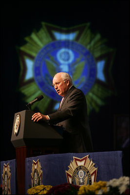 Vice President Dick Cheney addresses the 107th National Convention of the Veterans of Foreign Wars of the U.S., Monday, August 28, 2006, in Reno, Nevada. "Whatever it is about America that has produced such brave citizens in every generation, it is the best quality we have," said the Vice President. "Freedom is not free, and all of us are deep in the debt of the men and women who go out and pay the price for our liberty." 