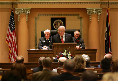 Vice President Cheney recounts his early days in politics during an address to a joint session of the Wyoming State Legislature in Cheyenne, Friday, February 17, 2006. “I would not be where I am today were it not for the friendship and the confidence of people all across this state,” the Vice President said. “It's always good to be home. And this morning, as an officeholder -- and, more than that, as a citizen of Wyoming -- I count it a high honor to be in such distinguished company.”