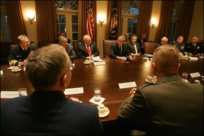 President George W. Bush and Vice President Dick Cheney attend a meeting with the members of the Joint Chiefs of Staff and the Combatant Commanders in the Cabinet Room, Monday January 9, 2006, at the White House. The Combatant Commanders are part of the Unified Command Plan responsible for the geographic military operations around the world.