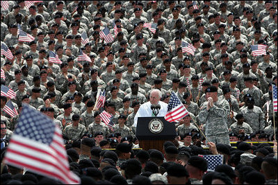 Vice President Dick Cheney addresses over 10,000 troops from the Army’s 3rd Infantry Division and the Georgia National Guard’s 48th Brigade Combat Team, Friday, July 21, 2006 at Fort Stewart, Ga. The Vice President thanked the soldiers for their service in Iraq during Operation Iraqi Freedom.