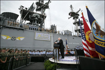 Vice President Dick Cheney delivers remarks to sailors and Marines, Friday, July 7, 2006, aboard the Amphibious Assault ship USS Wasp docked at the Norfolk Naval Station in Norfolk, Va. "All around us today are the signs of American sea power- a fleet like none that has ever sailed before, a Navy and Marine Corps that uphold noble traditions, and a flag that stands for freedom, for human rights, and for stability in a turbulent world," said Vice President Cheney.