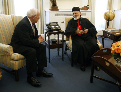 Vice President Dick Cheney meets with Lebanese Maronite Patriarch Cardinal Sfeir, Tuesday, July 18, 2006 in the West Wing at the White House.