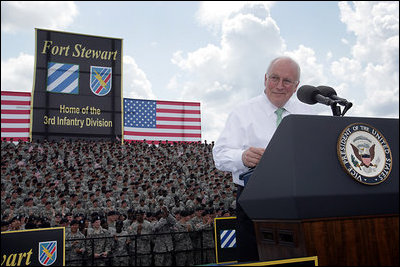 Vice President Dick Cheney delivers remarks, Friday, July 21, 2006, during a visit to Fort Stewart, Ga., home of the Army’s 3rd Infantry Division. The 3rd Infantry Division just returned from their second deployment to Iraq, where they helped lead the 2003 invasion and supported the Iraqis during the 2005 votes for the Iraqi Constitution and permanent government.