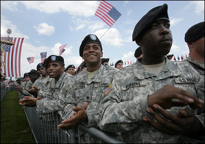 Soldiers applaud Vice President Dick Cheney as he delivers his remarks at a rally at Fort Stewart, Ga., Friday, July 21, 2006. During his address the Vice President recognized the Georgia National Guard’s 48th Brigade Combat Team who returned to Fort Stewart in May after serving one year in Iraq. While based in Baghdad the 48th Brigade Combat Team trained the Iraqi Security Force’s 4th Army Brigade.