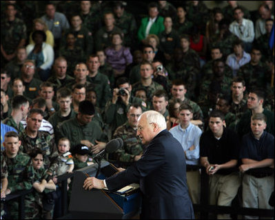 Vice President Dick Cheney addresses troops and families of the 437th Airlift Wing and 315th Reserve Airlift Wing at Charleston Air Force Base in Charleston, South Carolina, Friday, March 17, 2006. In the global war on terror the 437th Airlift Wing airlifts troops and equipment, supports US embassies, airdrops troops into hostile areas, and provides humanitarian relief.