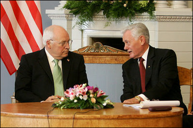 Vice President Dick Cheney listens to Lithuanian President Valdus Adamkus during a bilateral meeting held at the Presidential Palace in Vilnius, Lithuania, Wednesday, May 3, 2006. During the meeting the two leaders discussed their mutual determination to further the rise of democracy in the region.