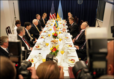 Vice President Dick Cheney meets with Ukrainian President Viktor Yushchenko, Thursday, May 4, 2006 in Vilnius, Lithuania. During a statement to the press the Vice President said, "" Developments in Ukraine are extraordinarily important, and all of us who support the development of freedom and democracy have been impressed with what our friends in Ukraine have achieved and want to do everything we can to be of assistance in the days ahead."