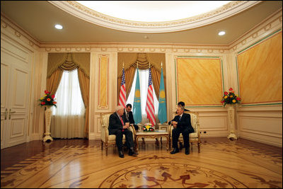 Vice President Dick Cheney talks with Kazakh President Nursultan Nazarbayev in a one-on-one meeting at the Presidential Palace in Astana, Kazakhstan, Friday, May 5, 2006. The two leaders discussed democratic pursuits, energy production, trade and Kazakhstan’s developing role in Central Asia relations.