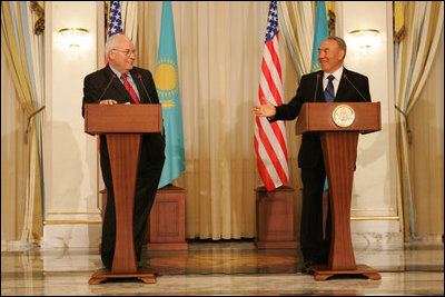 Vice President Dick Cheney and Kazakh President Nursultan Nazarbayev speak to the press following their meeting at the Presidential Palace in Astana, Kazakhstan, Friday, May 5, 2006. In his remarks the Vice President said, "The vision we affirm today is a community of sovereign states that grow in liberty and prosperity, trade and freedom and strive together for a century of peace. Standing in this modern capital city, I am proud to affirm the strong ties between Kazakhstan and the United States."