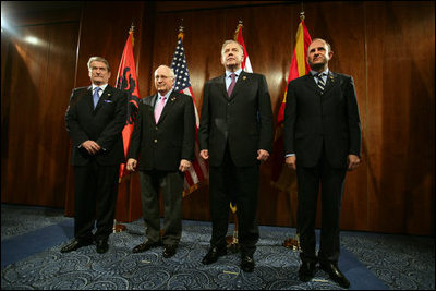 Vice President Dick Cheney stands with Albanian Prime Minister Sali Berisha, left, Croatian Prime Minister Ivo Sanader, center right, and Macedonian Prime MInister Vlado Buckovski, right, during a multilateral meeting of the Adriatic Charter countries, Sunday, May 7, 2006 in Dubrovnik, Croatia. 