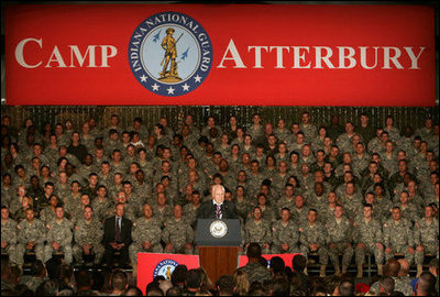 Vice President Dick Cheney addresses troops and families of the Indiana Air and Army National Guard at Camp Atterbury, Indiana, Friday, October 20, 2006. "The citizen soldier is absolutely vital to protecting this nation and to preserving our freedom. We know this from history, and we know it from current events," the Vice President said. "In this time of war we have turned to National Guard personnel for missions that are difficult and dangerous. You've never let us down."