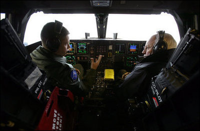 Vice President Dick Cheney sits inside the cockpit of a B-2 Stealth Bomber with pilot Capt. Luke Jayne during a visit to Whiteman Air Force Base in Missouri, Friday, October 27, 2006. While at Whiteman AFB the Vice President also participated in briefings and attended a rally with over 2,000 military troops and their families.