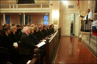 Vice President Dick Cheney, accompanied by Mrs. Lynne Cheney and former Prime Minister Margaret Thatcher of Great Britain, attends a Service of Prayer and Remembrance at St John’s Episcopal Church in Washington, D.C., Monday, September 11, 2006, to commemorate the fifth anniversary of the September 11th terrorist attacks. 