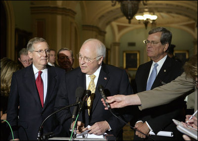 Vice President Dick Cheney comments on the war in Iraq, Tuesday, April 24, 2007 at the U.S. Capitol. Standing with the Vice President is Senate Minority Leader Mitch McConnell, R-KY, left, and Senator Trent Lott, R-MS.