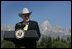 Vice President Dick Cheney delivers remarks Saturday, Aug. 11, 2007, during a dedication ceremony for the Craig Thomas Discovery and Visitor Center in Grand Teton National Park in Moose, Wyo. The center, named after the late Republican Sen. Craig Thomas who died June 4 while being treated for leukemia, features an interpretive center, art gallery and 30-foot windows that offers views of the Teton Range.