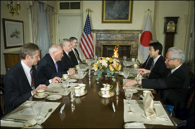 Vice President Dick Cheney holds a breakfast meeting with Japanese Chief Cabinet Secretary Yasuhisa Shiozaki and Japanese officials at the U.S. Ambassador's residence in Tokyo, Wednesday, February 21, 2007. Seated with the Vice President, from left, is Assistant to the Vice President for National Security Affairs John Hannah, U.S. Ambassador to Japan Thomas Schieffer, and Chief of Staff to the Vice President David Addington.