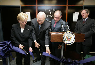 Vice President Dick Cheney and Mrs. Lynne Cheney cut the ceremonial ribbon, Monday, July 30, 2007, to inaugurate the Richard B. and Lynne V. Cheney Cardiovascular Institute at The George Washington University in Washington, D.C. The Institute's mission is to promote clinical research, education, patient care and community service with the goal of accelerating the pace of scientific discovery, reducing mortality and improving the quality of life of Americans with cardiovascular disease.