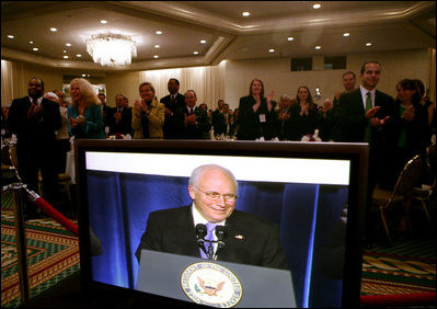 Vice President Dick Cheney, seen on a television monitor, receives a welcome Thursday, March 1, 2007, at the 34th Annual Conservative Political Action Conference in Washington, D.C.