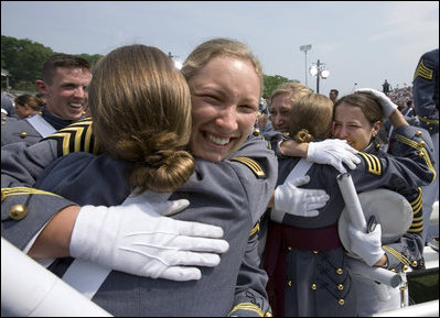 Graduates of the U.S. Military Academy Class of 2007 embrace Saturday, May 26, 2007, at the completion of commencement ceremonies in West Point, N.Y.