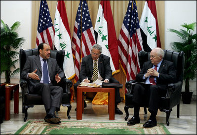 Vice President Dick Cheney meets with Prime Minister Nouri al-Maliki of Iraq Wednesday, May 9, 2007, during his visit to Baghdad. According to the Vice President, the two men discussed a wide range of issues, focusing "On things like the Baghdad security plan, ongoing operations against terrorists, as well as the political and economic issues that are before the Iraqi government." 