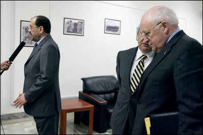  Following a meeting with Iraqi Prime Minister Nouri al-Maliki, Vice President Dick Cheney listens as an interpreter translates the Iraqi leader's remarks to the press Wednesday, May 9, 2007, in Baghdad. Earlier the Iraqi Prime Minister had said, "The meeting with the Vice President put the foundation for practical steps in order to support our efforts working on both the security front as well as the domestic political issues." 