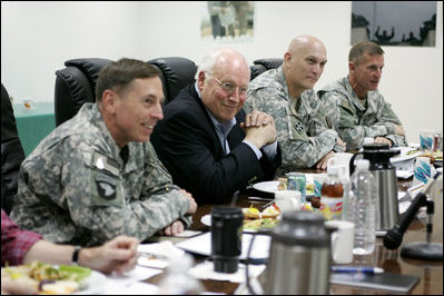 Vice President Dick Cheney participates in a classified briefing Thursday, May 10, 2007, with U.S. commanders General David Petraeus, left, and Lieutenant Generals Raymond Odierno and Stanley McChrystal during a visit to Contingency Operating Base Speicher near Tikrit, Iraq. 