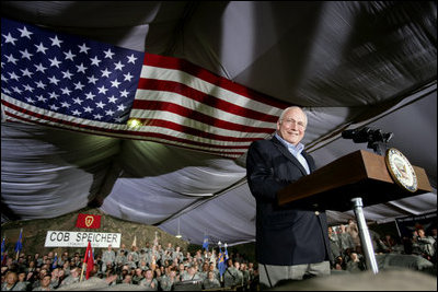 Vice President Dick Cheney delivers remarks Thursday, May 10, 2007 to the troops of the 25th Infantry Division and Task Force Lightning at Contingency Operating Base Speicher, Iraq. 