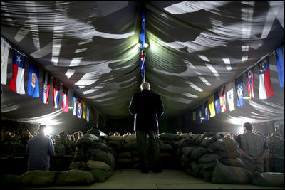 Vice President Dick Cheney addresses U.S. troops Thursday, May 10, 2007 at Contingency Operating Base Speicher, Iraq. "Many of you have had your deployments extended, and that puts an unexpected hardship on you and your families," the Vice President said. "I want you to know the extension is vital to the mission. The Army and the country appreciate the extra burden that you carry." 