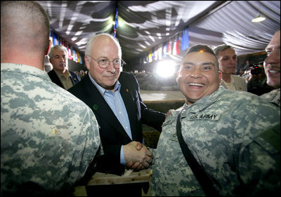 Vice President Dick Cheney greets troops of the 25th Infantry Division and Task Force Lightning Thursday, May 10, 2007 during a rally at Contingency Operating Base Speicher, Iraq. 