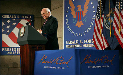 Vice President Dick Cheney delivers remarks on the war in Iraq Friday, Sept. 14, 2007, at the Gerald R. Ford Presidential Library and Museum in Grand Rapids, Mich.