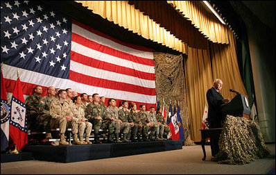 Vice President Dick Cheney addresses Central Command, Special Operations Command and the Sixth Air Mobility Wing Friday, Sept. 14, 2007, at MacDill Air Force Base in Tampa, Fla. "We have shown a watching world that we are a good and just nation: secure in our ideals, fearless in their defense, and willing to sacrifice greatly for the cause of long-term peace," said the Vice President. "We will press on in our mission, and turn events toward victory."