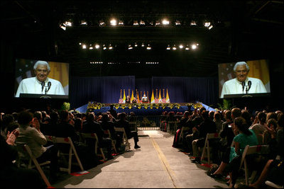 Pope Benedict XVI delivers remarks Sunday, April 20, 2008 at a farewell ceremony for the Pope at JFK Airport in New York. Vice President Dick Cheney and Mrs. Lynne Cheney joined the Pope for the farewell ceremony following the Holy Father's visit to New York where he celebrated Mass at Yankee Stadium and visited ground zero.