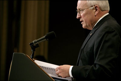 Vice President Dick Cheney delivers remarks on U.S. economic and national security policy issues Monday, April 21, 2008, to the Manhattan Institute in New York.