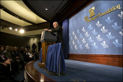 Vice President Dick Cheney delivers remarks on the Foreign Intelligence Surveillance Act (FISA) Wednesday, January 23, 2008 at the Heritage Foundation in Washington, D.C. "This cause is bigger than the quarrels of party and the agendas of politicians," said the Vice President, adding, "And if we in Washington, all of us, can only see our way clear to work together, then the outcome should not be in doubt. We will do our part to keep this nation safe."