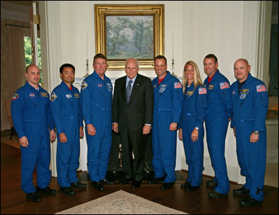 Vice President Dick Cheney stands with the crew members of the Space Shuttle Discovery (STS-124) Wednesday, July 16, 2008, during the astronauts' visit to the Vice President's Residence at the U.S. Naval Observatory in Washington, D.C. The crew made 217 orbits with a stop at the International Space Station during a two-week mission before returning home to Kennedy Space Center on June 14.