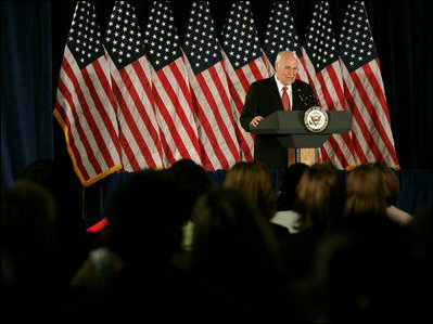 Vice President Dick Cheney addresses employees of the Philadelphia Regional Financial Center Thursday, May 8, 2008, following a tour of the facility in Philadelphia. "It's a great day for the American people," said the Vice President. "Well over seven million Americans have already received their rebates by electronic deposit. And starting today, at this facility, the checks will start printing at the rate of a thousand every minute...the President and I appreciate all the hard work that you put in to make it possible." 