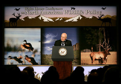 Vice President Dick Cheney addresses the White House Conference on North American Wildlife Policy Friday, Oct. 3, 2008 in Reno. Bringing together a wide range of conservationists, government officials, sportsmen and Congressional representatives, the conference provides a framework for participants to discuss topics on wildlife management, conserving and managing natural habitats, energy development, climate change and opportunities for hunting on public lands.