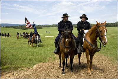 Participants in the re-enactment of the Civil War Battle of Chickamauga gather in Union soldier uniforms on September 19, 2008, for the 145th anniversary of the event in McLemore's Cove, Georgia. Vice President Dick Cheney spoke at the commemoration, calling those who fought an example of "moral valor, bravery, and devotion." The 1863 Civil War battle is often regarded as the last significant victory of the Confederate Army during the Civil War.