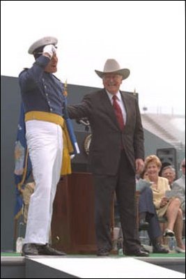 Donning his own style of graduation cap, Vice President Cheney participates in the U.S. Air Force Academy Commencement ceremonies at Falcon Stadium in Colorado Springs, CO.