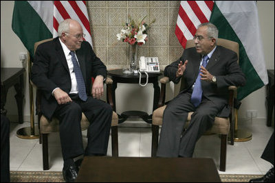 Vice President Dick Cheney meets with Palestinian Prime Minister Salam Fayyad Sunday, March 23, 2008, in the West Bank city of Ramallah.