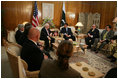 Vice President Dick Cheney discusses earthquake relief efforts with Pakistani President Pervez Musharraf, Tuesday Dec. 20, 2005. President Musharraf thanked the Vice President for the US relief assistance and said, "I don't think we could have managed the relief operation without your support."