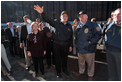 Guided by then-Mayor Rudolph Giuliani (center), Vice President Dick Cheney and Lynne Cheney tour ground zero and talk with rescue workers in New York City Oct. 18, 2001. "The people of New York have seen appalling tragedy and suffering. This afternoon I was at ground zero and I saw the damage at close range. It is staggering; almost beyond a person's ability to describe," the Vice President said at the 56th Annual Alfred E. Smith Memorial Foundation Dinner.