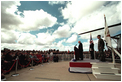 Vice President Dick Cheney speaks to troops at Miramar Marine Air Station Feb. 18, 2002. "We are in a struggle for freedom and for security for the American people. And let there be no doubt, the forces of freedom will defeat the forces of terror," said the Vice President.