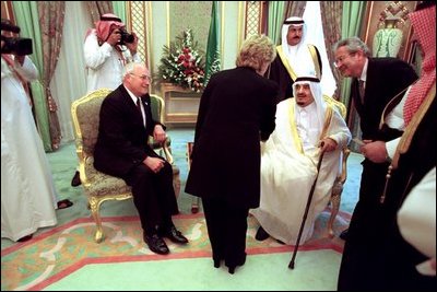 Vice President Dick Cheney and Lynne Cheney greet King Fahd of Saudi Arabia in Jeddah, Saudi Arabia, March 16.