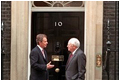 Standing in front of Prime Minister Tony Blair's residence, Number 10 Downing Street, Vice President Dick Cheney shares some final words before departing London March 11.